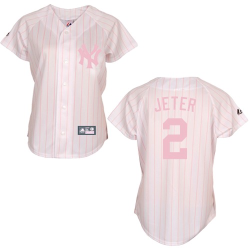 Women's Majestic New York Yankees #2 Derek Jeter Authentic White/Pink Strip MLB Jersey