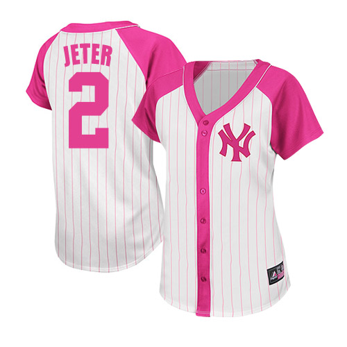 Women's Majestic New York Yankees #2 Derek Jeter Authentic White/Pink Splash Fashion MLB Jersey