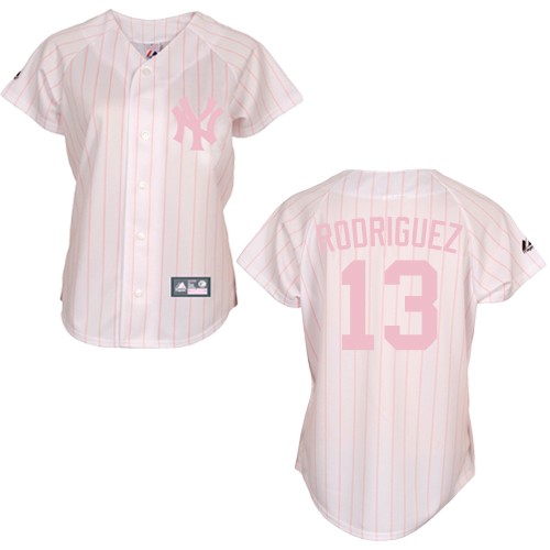 Women's Majestic New York Yankees #13 Alex Rodriguez Replica White/Pink Strip MLB Jersey