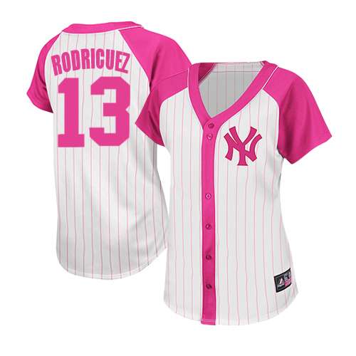 Women's Majestic New York Yankees #13 Alex Rodriguez Authentic White/Pink Splash Fashion MLB Jersey
