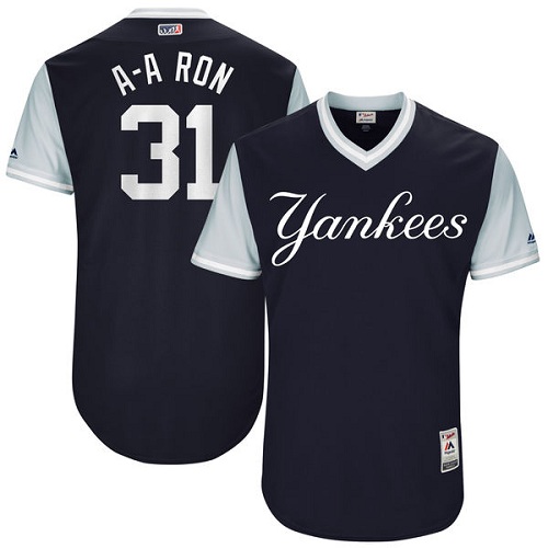 Men's Majestic New York Yankees #31 Aaron Hicks "A-A Ron" Authentic Navy Blue 2017 Players Weekend MLB Jersey