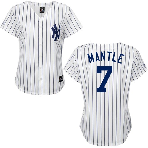 Women's Majestic New York Yankees #7 Mickey Mantle Authentic White/Black Strip MLB Jersey