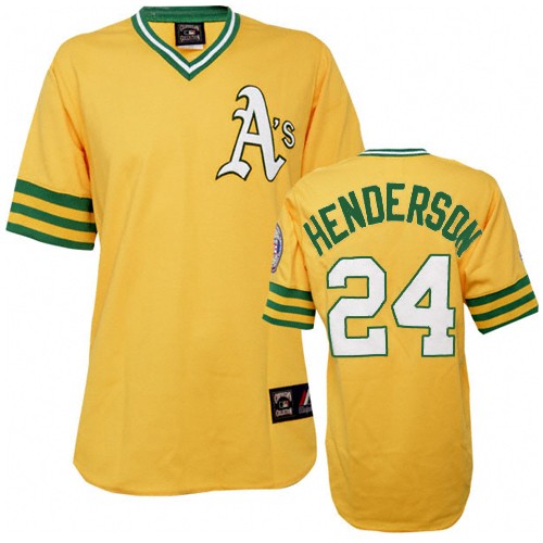 Men's Mitchell and Ness Oakland Athletics #24 Rickey Henderson Authentic Gold Throwback MLB Jersey
