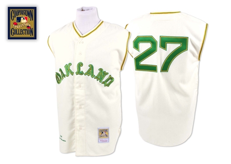 Men's Mitchell and Ness 1968 Oakland Athletics #27 Catfish Hunter Authentic Cream Throwback MLB Jersey