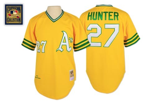 Men's Mitchell and Ness Oakland Athletics #27 Catfish Hunter Replica Gold Throwback MLB Jersey