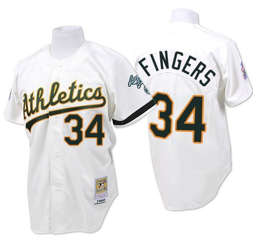 Men's Mitchell and Ness Oakland Athletics #34 Rollie Fingers Replica White Throwback MLB Jersey
