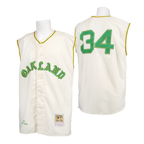 Men's Mitchell and Ness 1968 Oakland Athletics #34 Rollie Fingers Replica Cream Throwback MLB Jersey