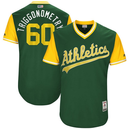 Men's Majestic Oakland Athletics #60 Andrew Triggs "Triggonometry" Authentic Green 2017 Players Weekend MLB Jersey