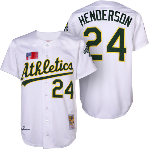 Men's Mitchell and Ness Oakland Athletics #24 Rickey Henderson Authentic White 1990 Throwback MLB Jersey