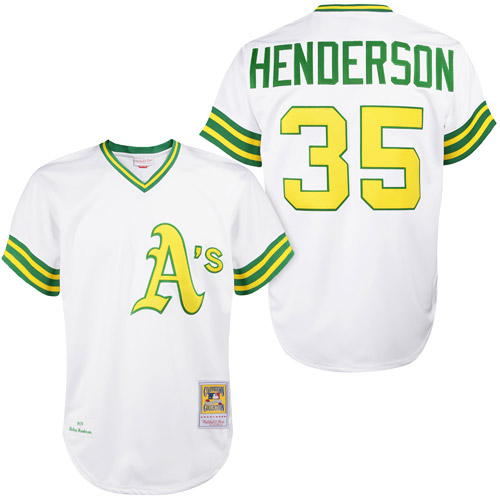 Men's Mitchell and Ness Oakland Athletics #35 Rickey Henderson Replica White 1979 Throwback MLB Jersey