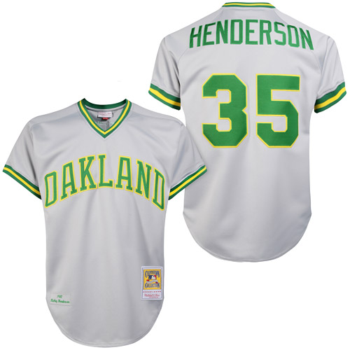 Men's Mitchell and Ness Oakland Athletics #35 Rickey Henderson Authentic Grey 1981 Throwback MLB Jersey