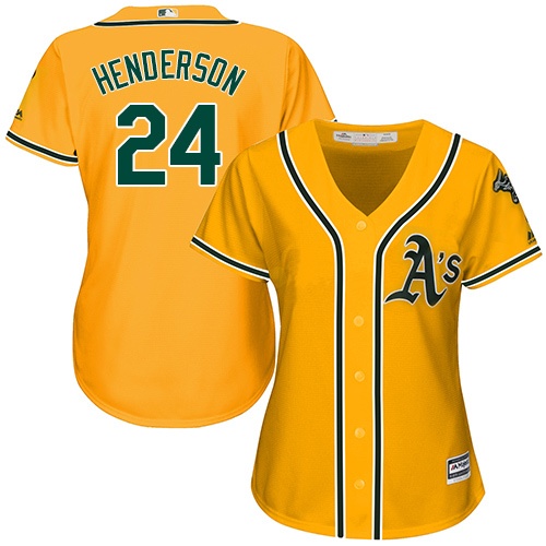 Women's Majestic Oakland Athletics #24 Rickey Henderson Authentic Gold Alternate 2 Cool Base MLB Jersey