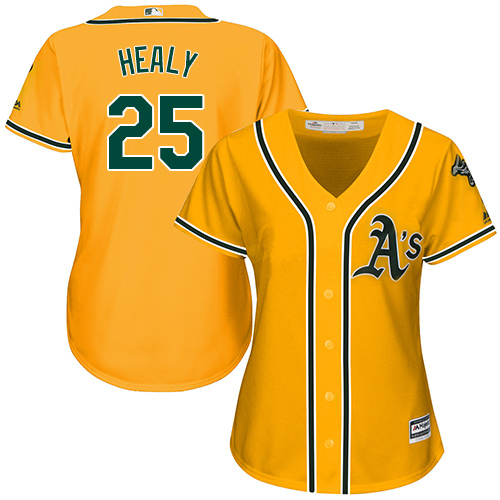 Women's Majestic Oakland Athletics #25 Ryon Healy Authentic Gold Alternate 2 Cool Base MLB Jersey
