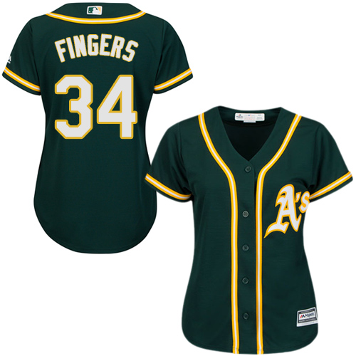 Women's Majestic Oakland Athletics #34 Rollie Fingers Authentic Green Alternate 1 Cool Base MLB Jersey