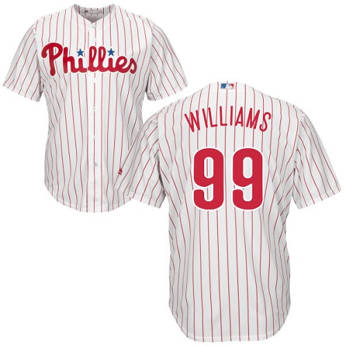 Youth Majestic Philadelphia Phillies #99 Mitch Williams Replica White/Red Strip Home Cool Base MLB Jersey