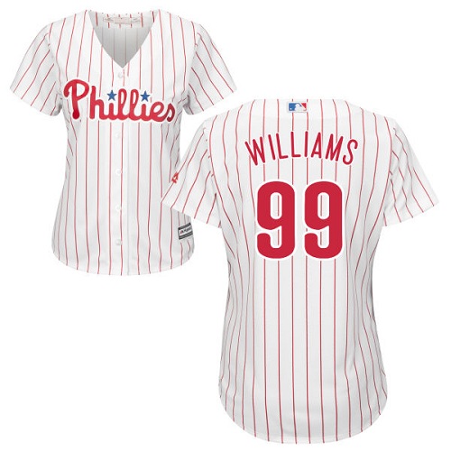 Women's Majestic Philadelphia Phillies #99 Mitch Williams Replica White/Red Strip Home Cool Base MLB Jersey