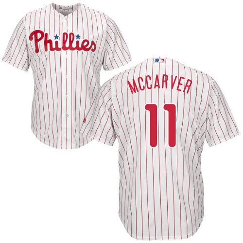 Men's Majestic Philadelphia Phillies #11 Tim McCarver Replica White/Red Strip Home Cool Base MLB Jersey