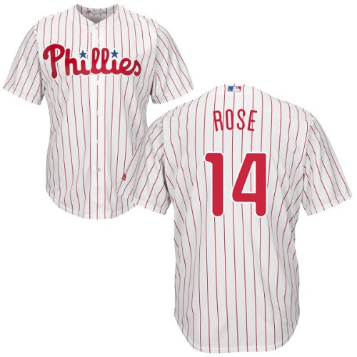 Men's Majestic Philadelphia Phillies #14 Pete Rose Replica White/Red Strip Home Cool Base MLB Jersey