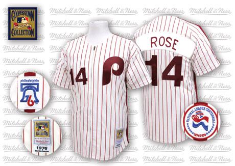 Men's Mitchell and Ness Philadelphia Phillies #14 Pete Rose Authentic White/Red Strip Throwback MLB Jersey