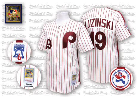 Men's Mitchell and Ness Philadelphia Phillies #19 Greg Luzinski Authentic White/Red Strip Throwback MLB Jersey
