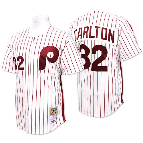 Men's Mitchell and Ness Philadelphia Phillies #32 Steve Carlton Replica White/Red Strip Throwback MLB Jersey
