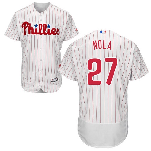 Men's Majestic Philadelphia Phillies #27 Aaron Nola Authentic White/Red Strip Home Cool Base MLB Jersey