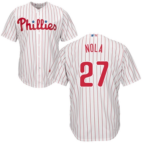 Men's Majestic Philadelphia Phillies #27 Aaron Nola Replica White/Red Strip Home Cool Base MLB Jersey