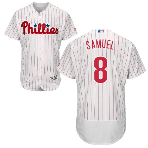 Men's Majestic Philadelphia Phillies #8 Juan Samuel Authentic White/Red Strip Home Cool Base MLB Jersey