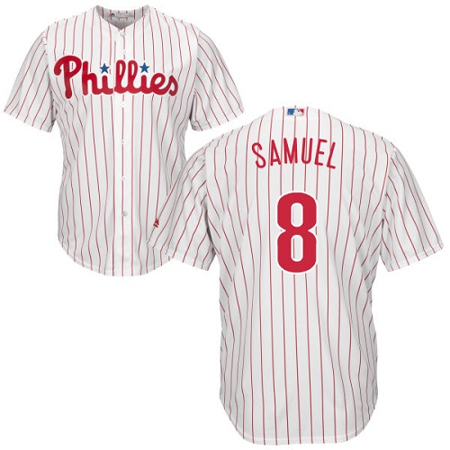 Men's Majestic Philadelphia Phillies #8 Juan Samuel Replica White/Red Strip Home Cool Base MLB Jersey