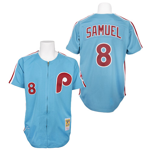 Men's Mitchell and Ness Philadelphia Phillies #8 Juan Samuel Authentic Blue 1984 Throwback MLB Jersey