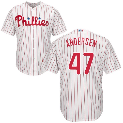 Men's Majestic Philadelphia Phillies #47 Larry Andersen Replica White/Red Strip Home Cool Base MLB Jersey