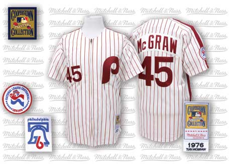 Men's Mitchell and Ness Philadelphia Phillies #45 Tug McGraw Replica White/Red Strip Throwback MLB Jersey