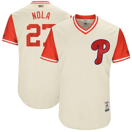 Men's Majestic Philadelphia Phillies #27 Aaron Nola "Nola" Authentic Tan 2017 Players Weekend MLB Jersey