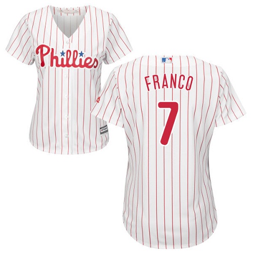 Women's Majestic Philadelphia Phillies #7 Maikel Franco Replica White/Red Strip Home Cool Base MLB Jersey