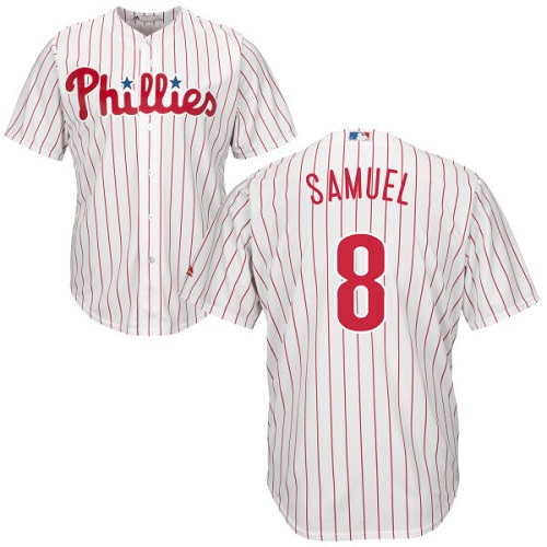Youth Majestic Philadelphia Phillies #8 Juan Samuel Replica White/Red Strip Home Cool Base MLB Jersey