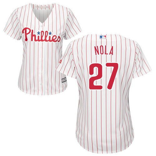 Women's Majestic Philadelphia Phillies #27 Aaron Nola Authentic White/Red Strip Home Cool Base MLB Jersey