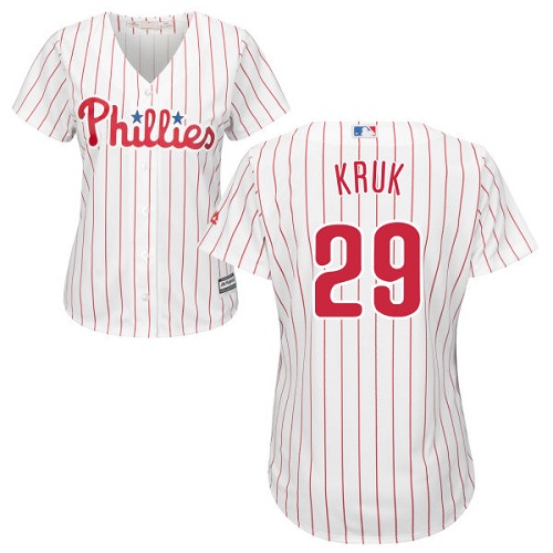 Women's Majestic Philadelphia Phillies #29 John Kruk Replica White/Red Strip Home Cool Base MLB Jersey