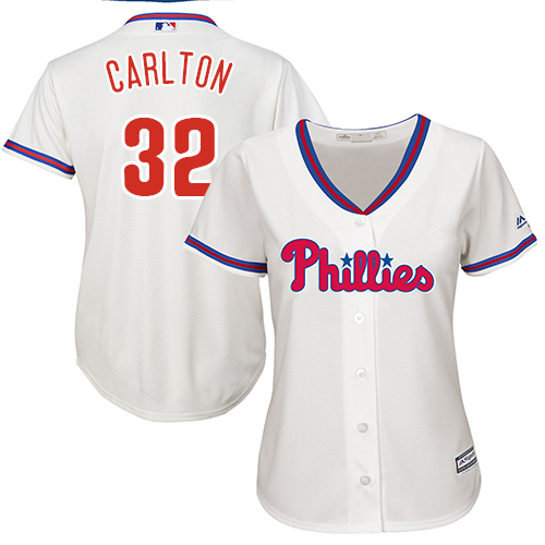 Women's Majestic Philadelphia Phillies #32 Steve Carlton Authentic Cream Alternate Cool Base MLB Jersey