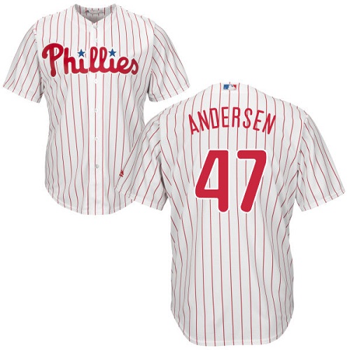 Youth Majestic Philadelphia Phillies #47 Larry Andersen Authentic White/Red Strip Home Cool Base MLB Jersey