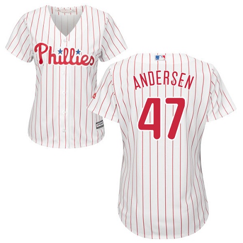 Women's Majestic Philadelphia Phillies #47 Larry Andersen Replica White/Red Strip Home Cool Base MLB Jersey
