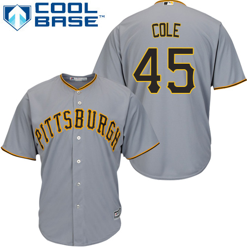 Men's Majestic Pittsburgh Pirates #45 Gerrit Cole Replica Grey Road Cool Base MLB Jersey