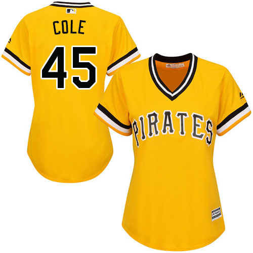 Women's Majestic Pittsburgh Pirates #45 Gerrit Cole Replica Gold Alternate Cool Base MLB Jersey