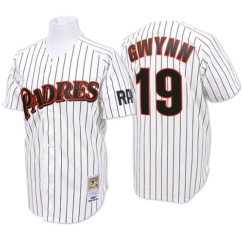Men's Mitchell and Ness San Diego Padres #19 Tony Gwynn Authentic White/Blue Strip Throwback MLB Jersey