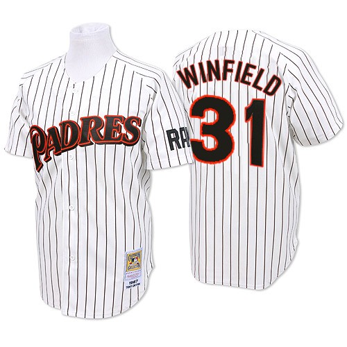 Men's Mitchell and Ness San Diego Padres #31 Dave Winfield Authentic White/Blue Strip Throwback MLB Jersey