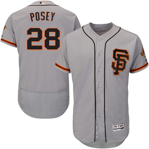 Men's Majestic San Francisco Giants #28 Buster Posey Authentic Grey Road 2 Cool Base MLB Jersey