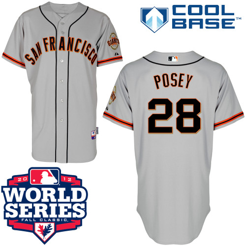 Men's Majestic San Francisco Giants #28 Buster Posey Replica Grey Cool Base 2012 World Series Patch MLB Jersey