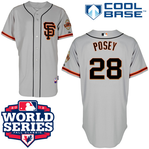 Men's Majestic San Francisco Giants #28 Buster Posey Authentic Grey Road 2 Cool Base 2012 World Series Patch MLB Jersey