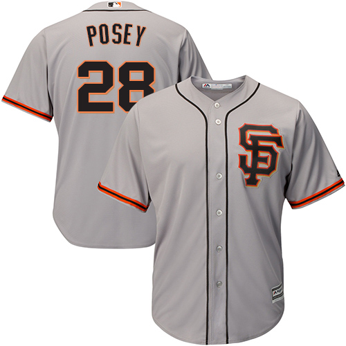 Youth Majestic San Francisco Giants #28 Buster Posey Replica Grey Road 2 Cool Base MLB Jersey