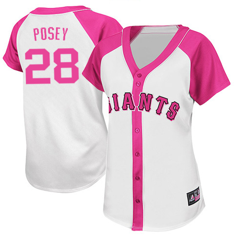 Women's Majestic San Francisco Giants #28 Buster Posey Authentic White/Pink Splash Fashion MLB Jersey