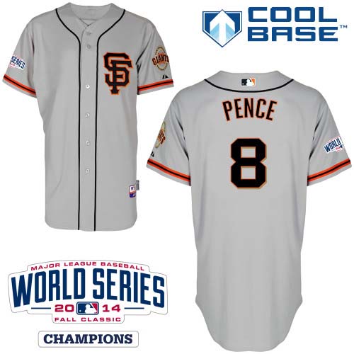 Youth Majestic San Francisco Giants #8 Hunter Pence Authentic Grey Road 2 Cool Base w/2014 World Series Patch MLB Jersey